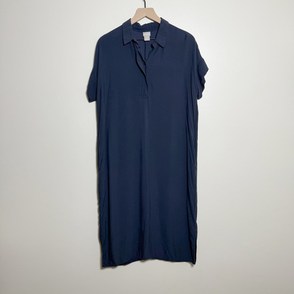Chicos Modal Shirt Dress 1 Medium Navy Blue Midi‎ Relaxed Fit Preppy Nautical